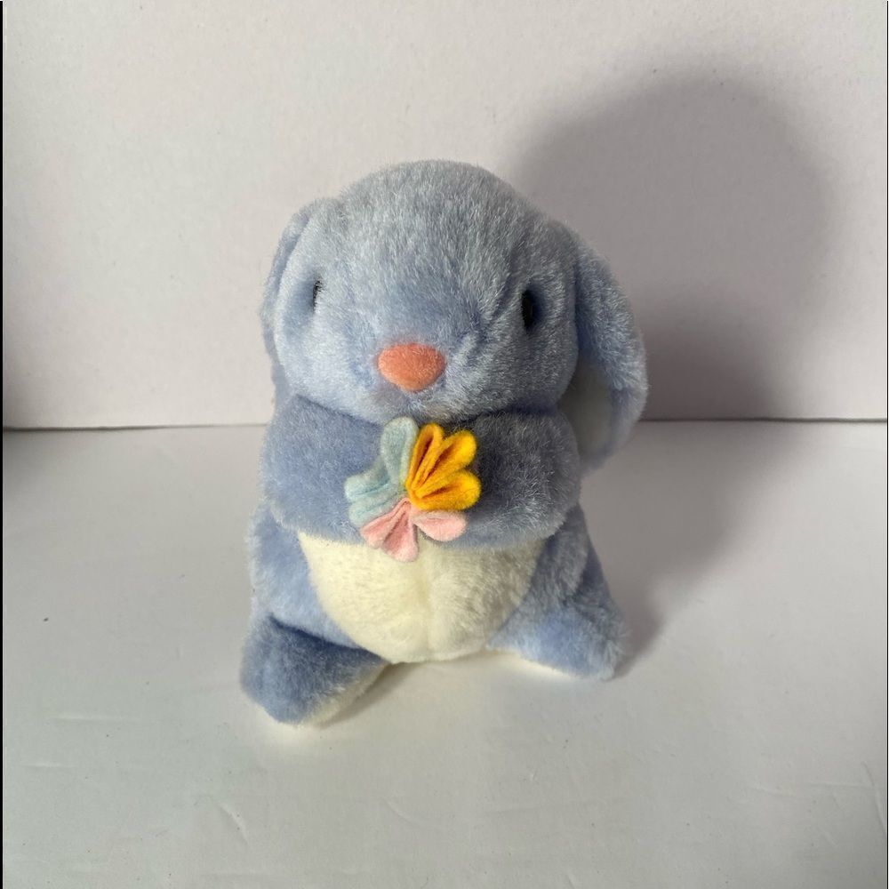 Vintage 1991 Fairview plush blue bunny rabbit holding flowers/stuffed animal/toy